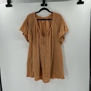 Free People Women's Short Sleeve Peasant Tunic top with pockets - Copper - L